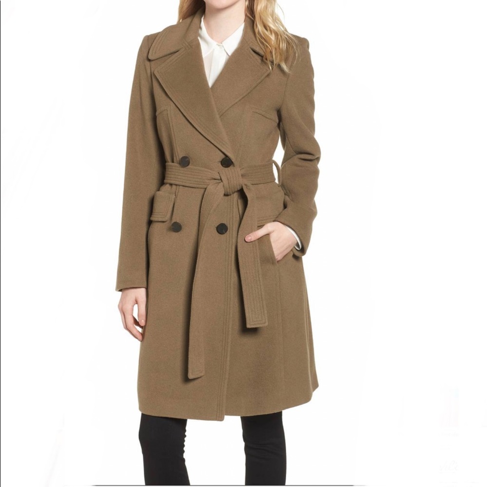 Diane Von Furstenberg Double Breasted Tie-Waist Wool Coat in British Khaki